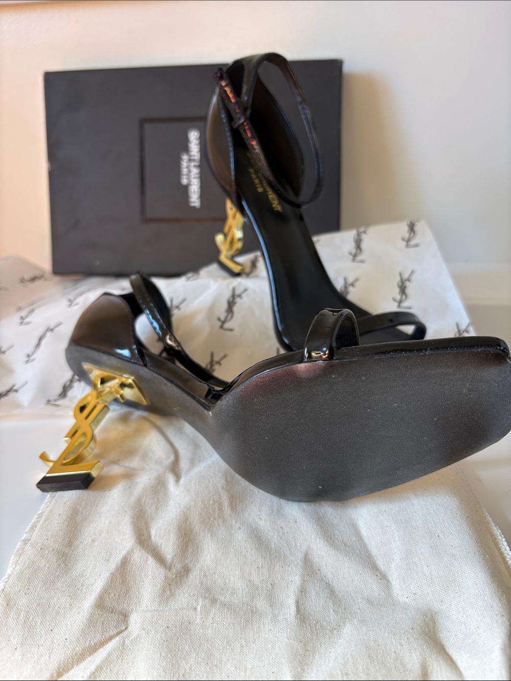 Saint Laurent Black Patent Sandals with Gold YSL Logo Heel